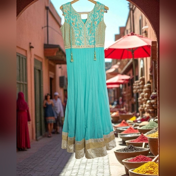 Unbranded Aqua & Gold M Anarkali  Women's Net Dress W/ Matching Scarf - Picture 1 of 8